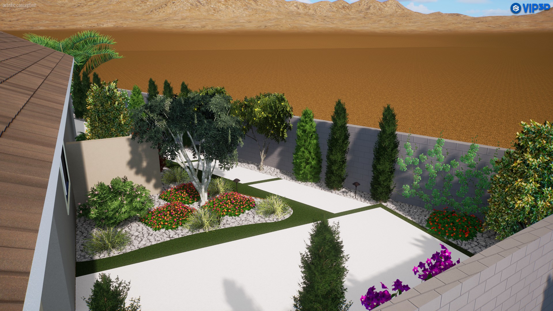 A computer generated image of a garden with trees and shrubs. A computer generated image of a garden with trees and shrubs.