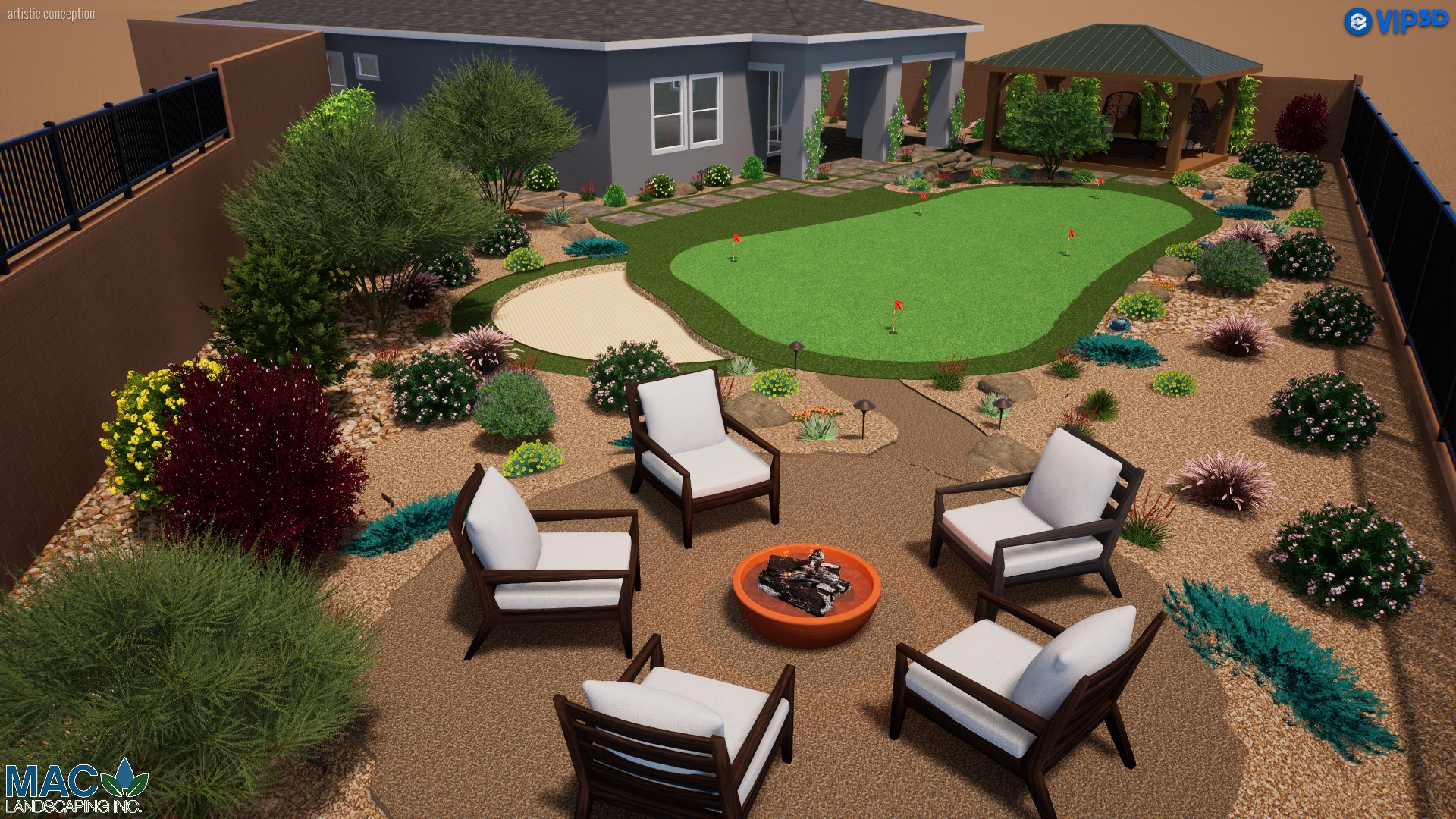 A patio with chairs and fire pit in the middle of it. A patio with chairs and fire pit in the middle of it.